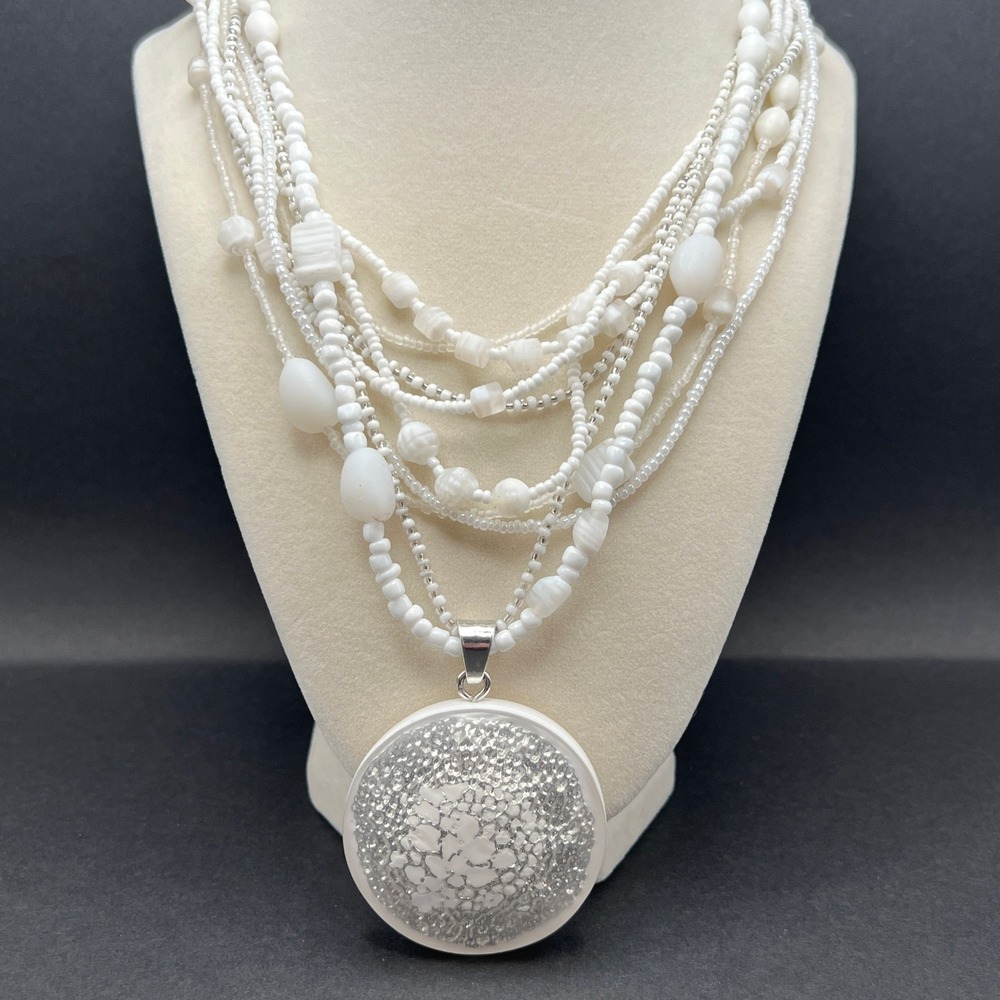 Chico's Statement Necklace Silver Tone White Glass Beaded Multi Strand Summer